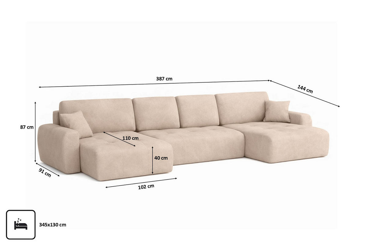 ECKSOFA Mit Schlaffunktion Und Bettkasten U-Form Ivo U XL, Veloursstoff Salvador, Beige - Beige, Holz (387/144cm) - Kaiser Möbel