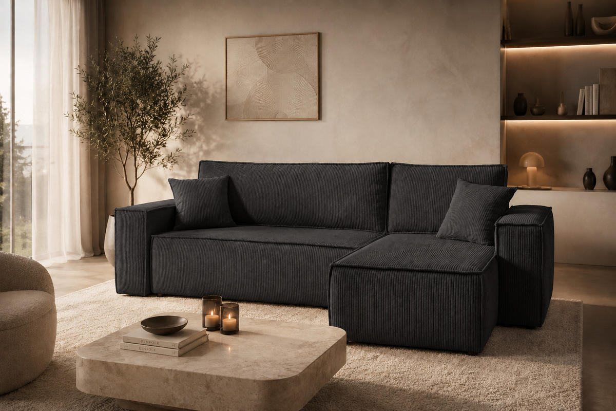 ECKSOFA KARL L mit Stauraum und Bettkasten, Graphite - Graphitfarben, Textil (244/145cm) - KS Home Concept