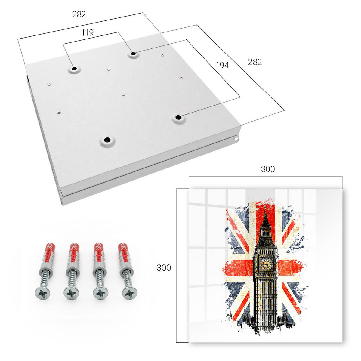 SCHLÜSSELBOX Weiß 30x30 cm – Türöffnung nach rechts - Britisches Symbol - Rot, Metall (30/30/5cm) - TULUP