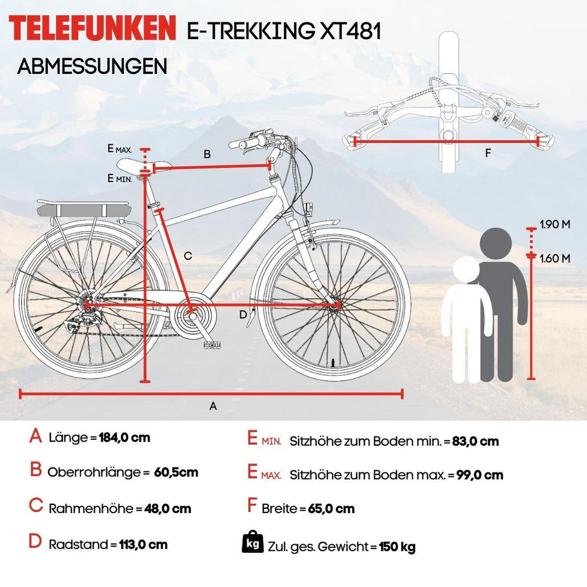 E-BIKE XT481 Trekking Elektrofahrrad 21-Gang Shimano Kettenschaltung, Pedelec, 10Ah, 36V Akku - Anthrazit, Metall (110cm) - Telefunken