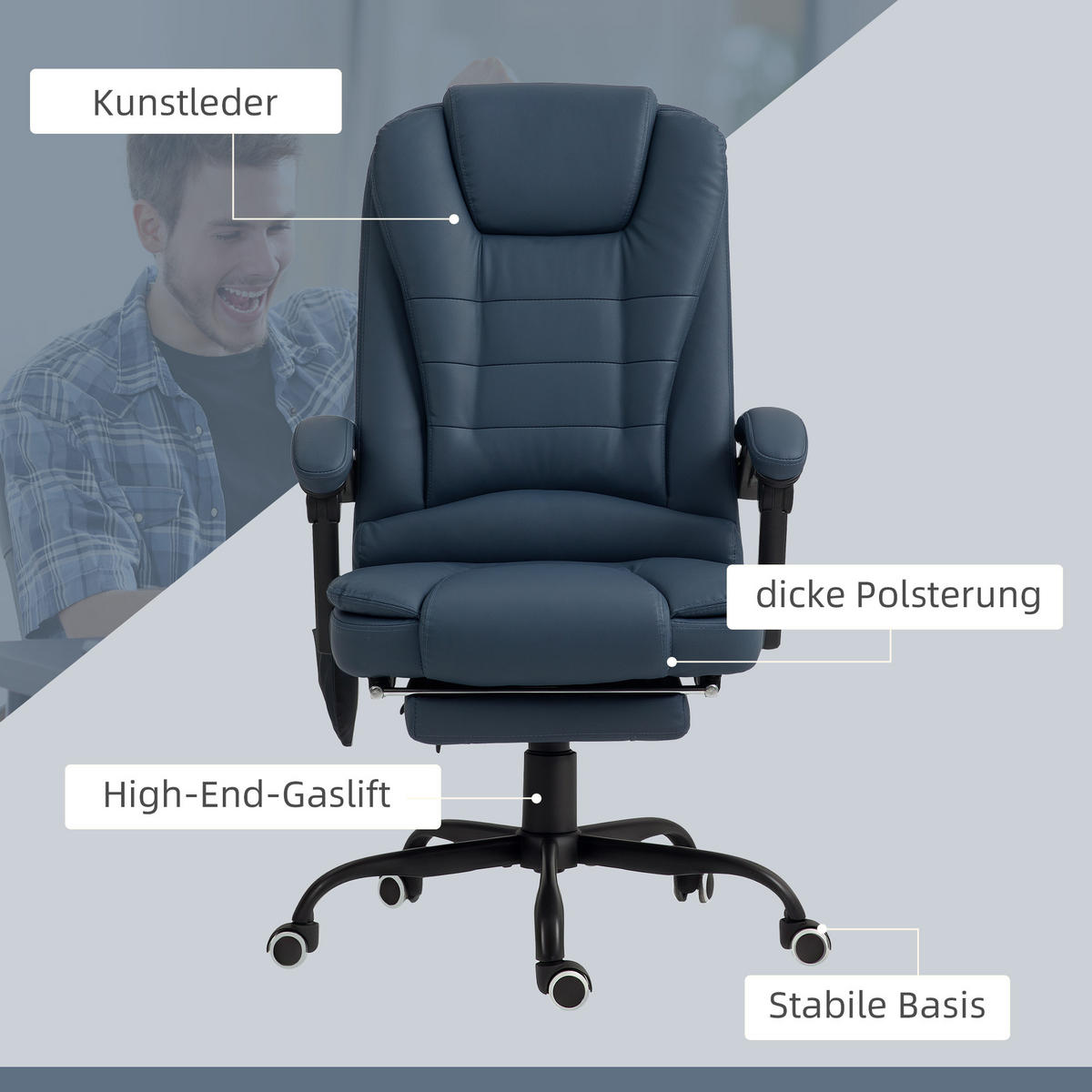 BÜROSTUHL mit 7 Punkt Massage, ergonomischer Chefsessel mit Liegefunktion - Blau/Schwarz, Kunststoff/Metall (67/121/67cm) - Vinsetto