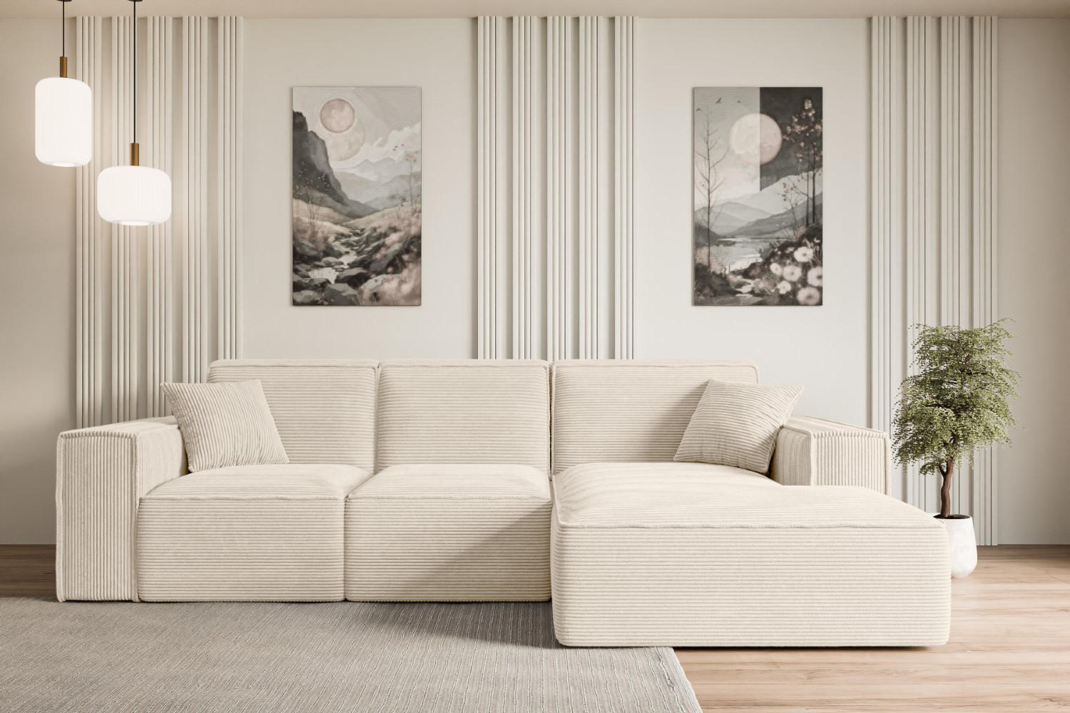 ECKSOFA Ottomane Rechts SERRA-L - 266x165x73 cm Beige Cord - Beige/Schwarz, Holzwerkstoff/Kunststoff (266/165cm) - ALTDECOR