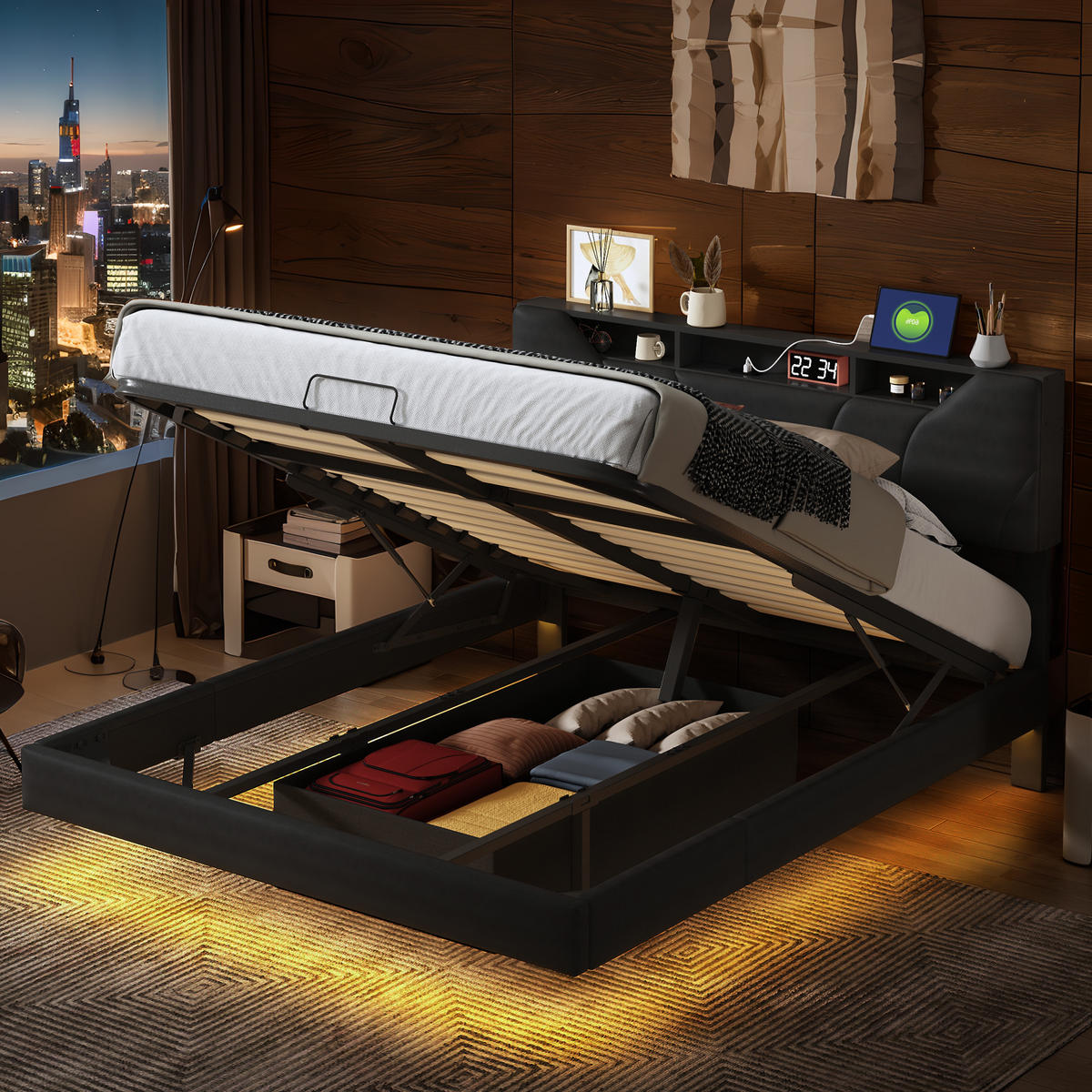 POLSTERBETT 140x200 cm Schwarz LED USB Gaslift Kopfteil Stauraum - Schwarz, Holz (140/200cm) - SHOPENTRA