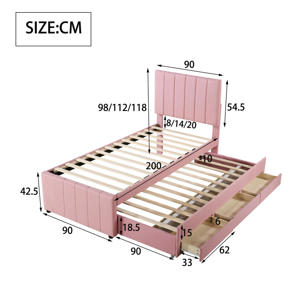POLSTERBETT 90/200 cm Rosa aus Leinen mit Rollbett und Schubladen - Pink, Textil (90/200cm) - OKMYHOME