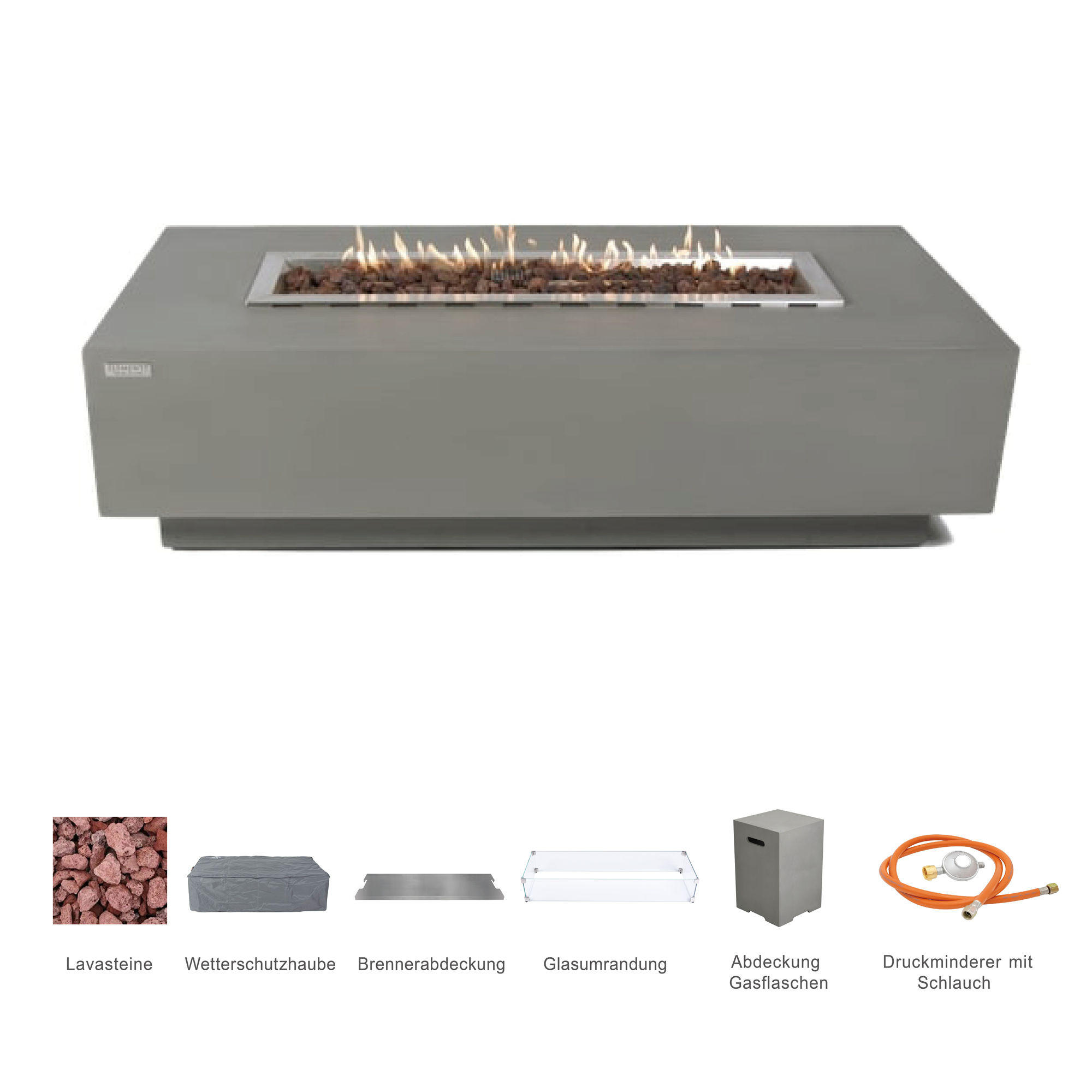 FEUERTISCH Granville Gasfeuerstelle aus GF-Beton - 4-tlg. Set inkl. Glasumrandung, Brennerabdeckung und Gasflaschen-Abdeckung - Hellgrau, Naturmaterialien (70/43/152cm) - Elementi