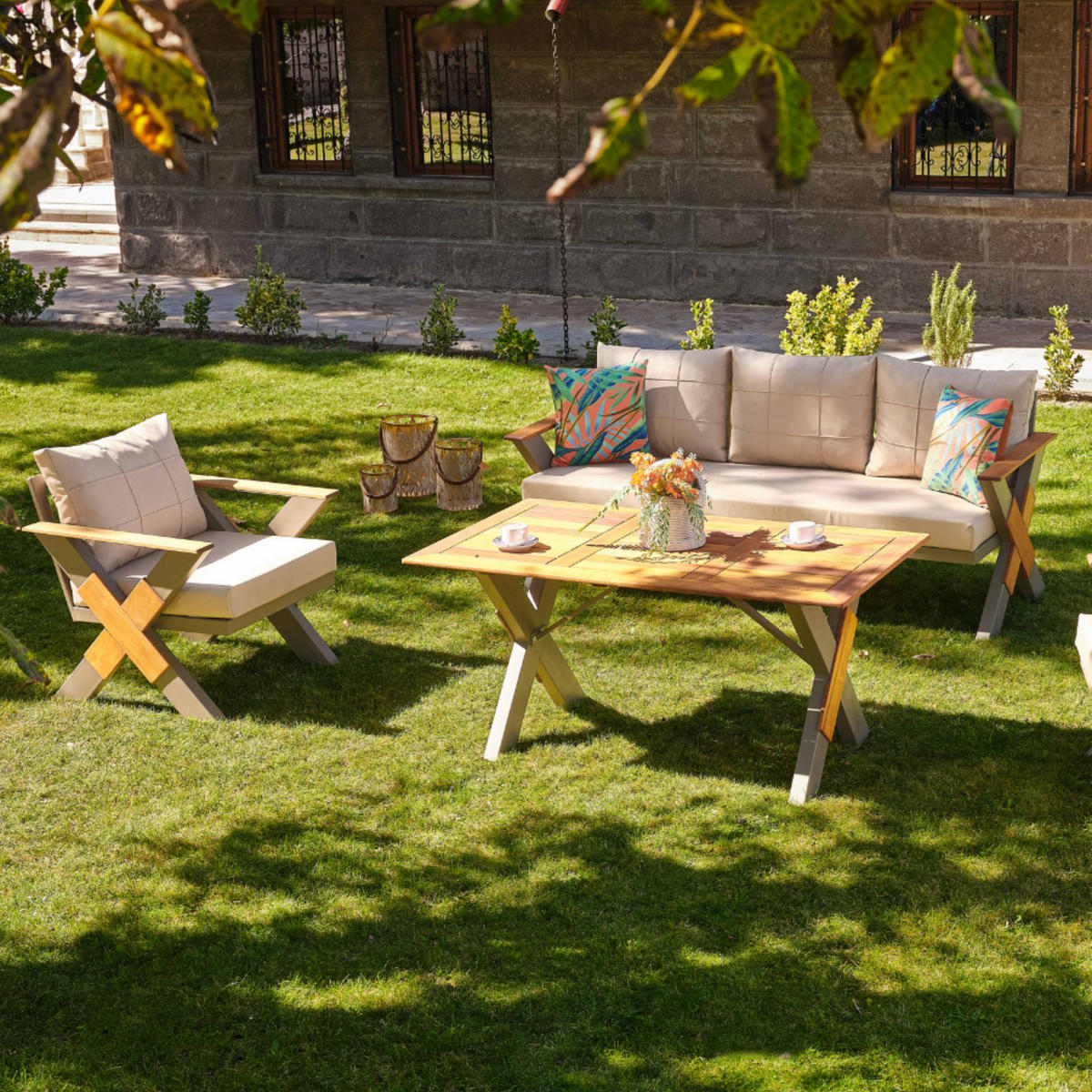 GARTENMÖBEL-SET 4-tlg. aus Irokoholz Lotus Beige - Beige, Holz/Metall - Gowoll