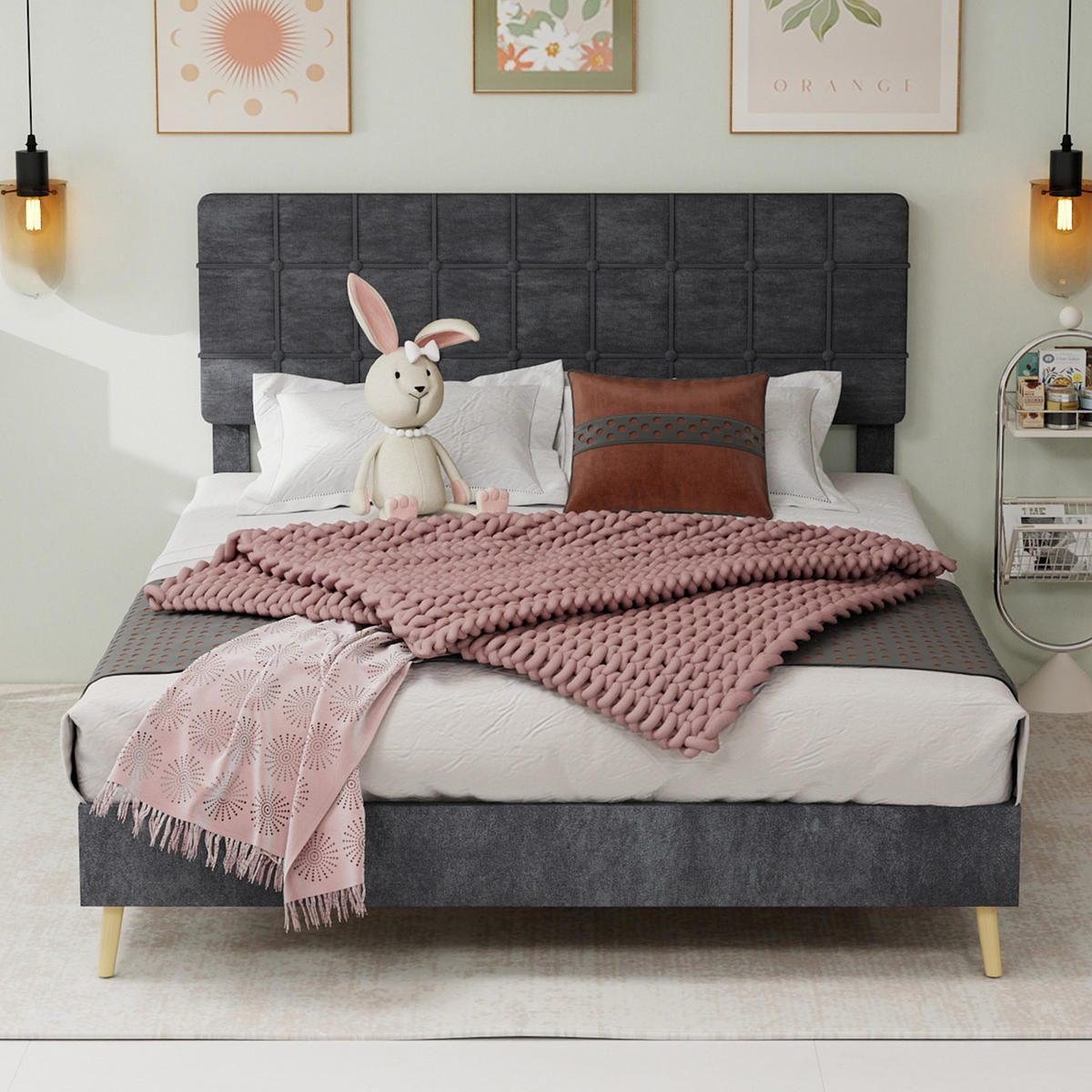 POLSTERBETT 160/200 cm in Grau Samt - Grau, Holzwerkstoff/Textil (160/200cm) - WISHDOR