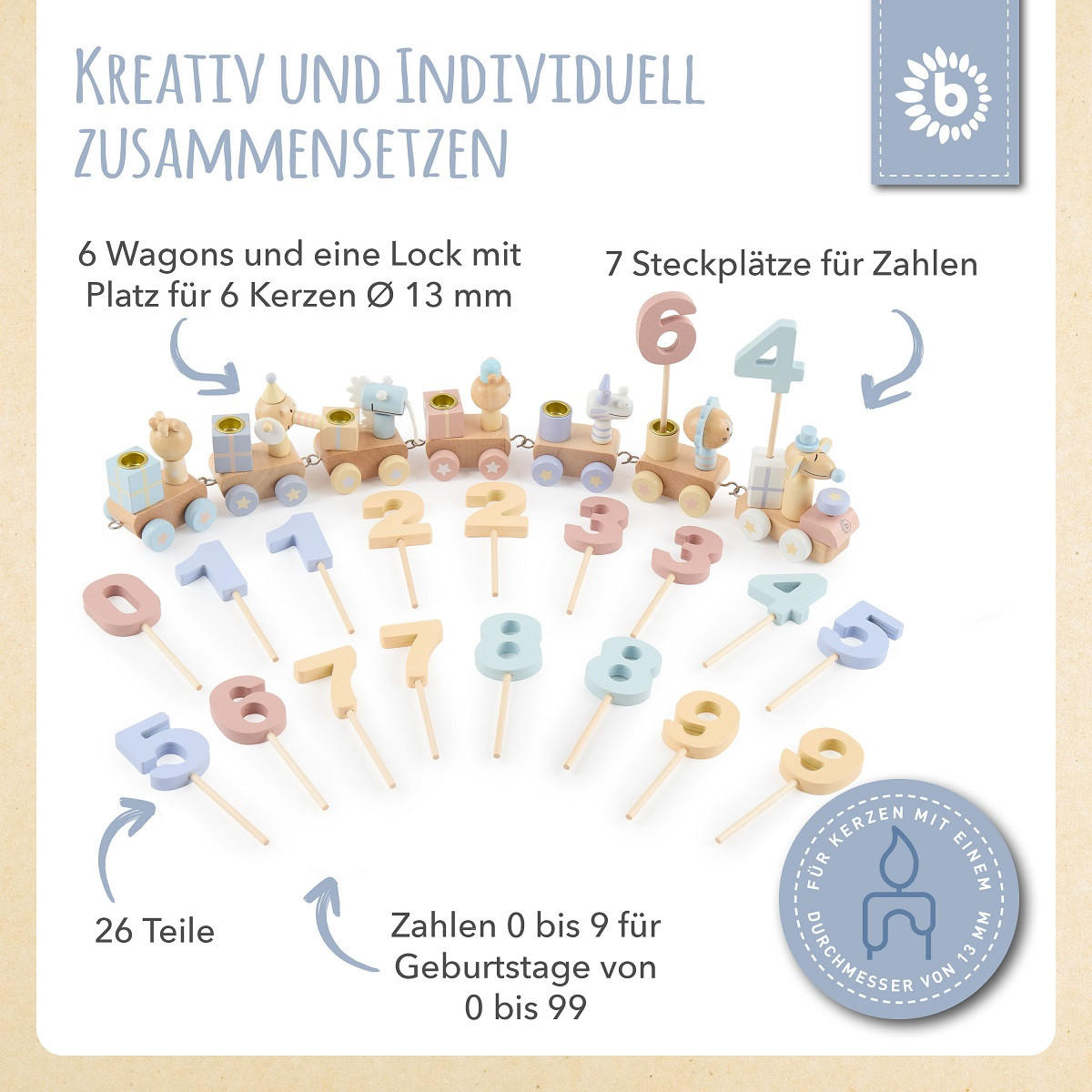 GEBURTSTAGSZUG Holz Candy Look mit 6 Ker - Multicolor, Holz (5/48cm) - Bieco Spielwaren