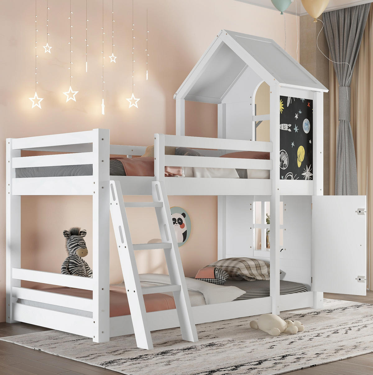 ETAGENBETT 90/200 cm Weiß mit Tafel und Dach für Kinder - Weiß, Holzwerkstoff (90/200cm) - OKWISH