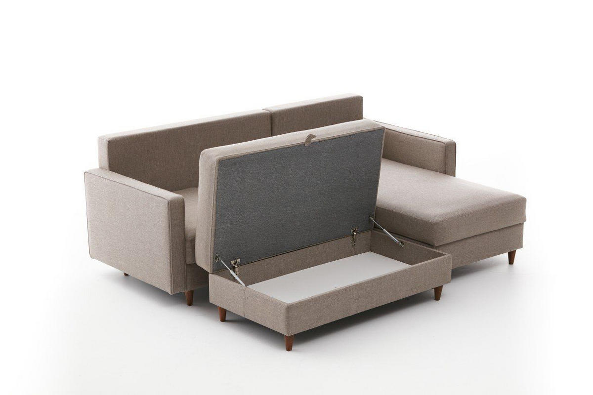 ECKSOFA mit Hocker, Schlaffläche - Beige/Walnussfarben, Holz/Kunststoff (155/210cm) - myHomelando