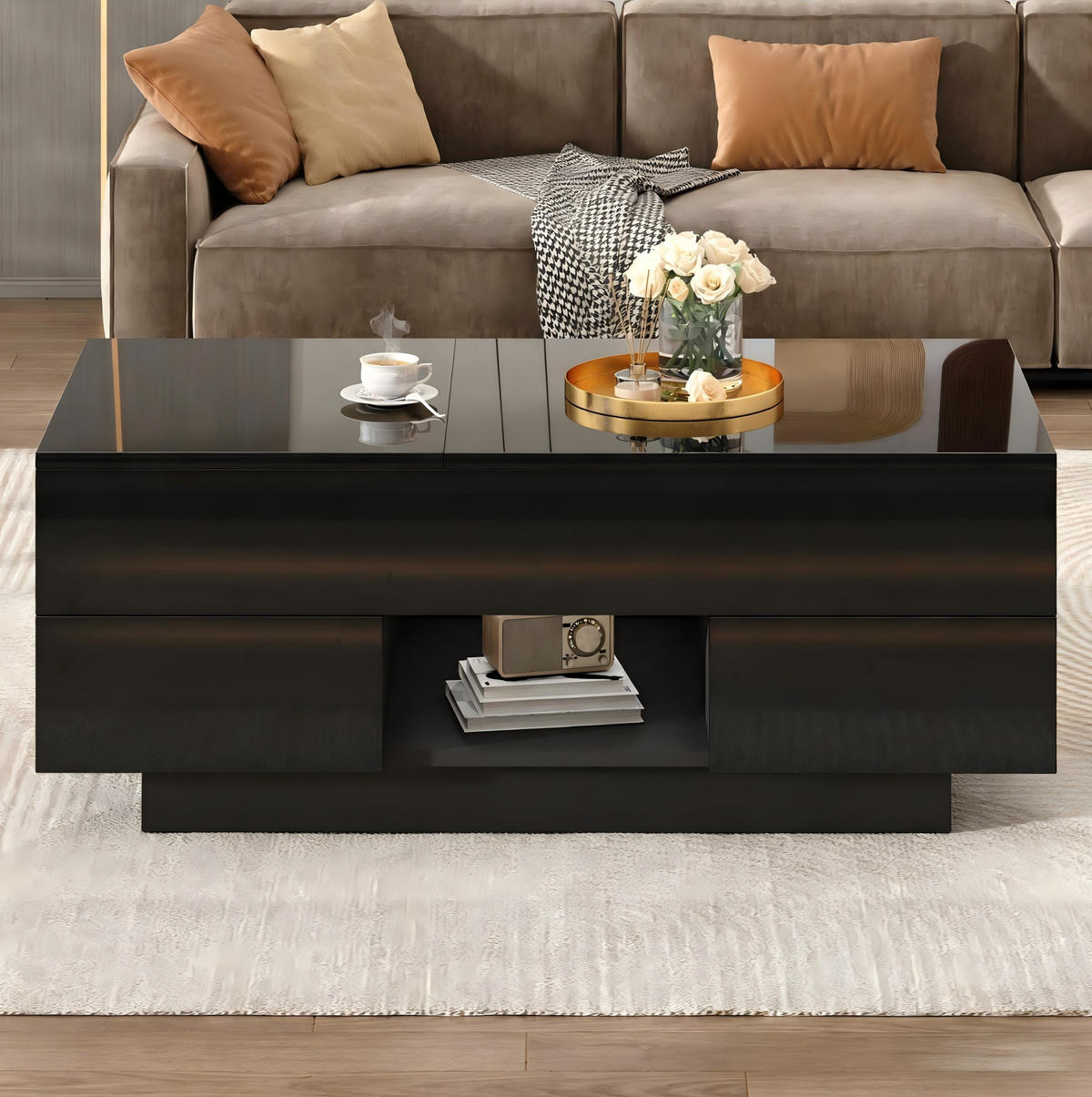 COUCHTISCH 100/45/43 cm Schwarz aus Spanplatte mit LED und Stauraum - Schwarz, Holzwerkstoff (100/45/43cm) - OKMYHOME