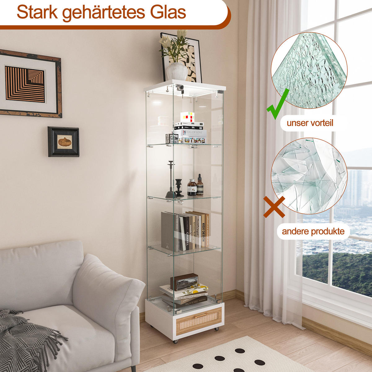 VITRINE in Weiß Glasvitrine mit Schubladen und LED-Beleuchtung für Wohn- und Schlafzimmer, B42.5/T36.5/H167cm - Weiß, Glas/Holzwerkstoff (42.5/167/36.5cm) - STILVORA