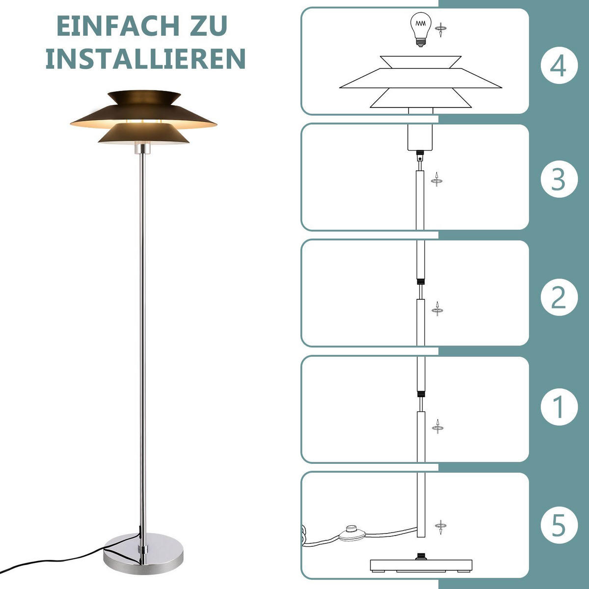 STEHLEUCHTE Albert 40/25/145 cm - Schwarz, Metall (45/22/178cm) - Nettlife