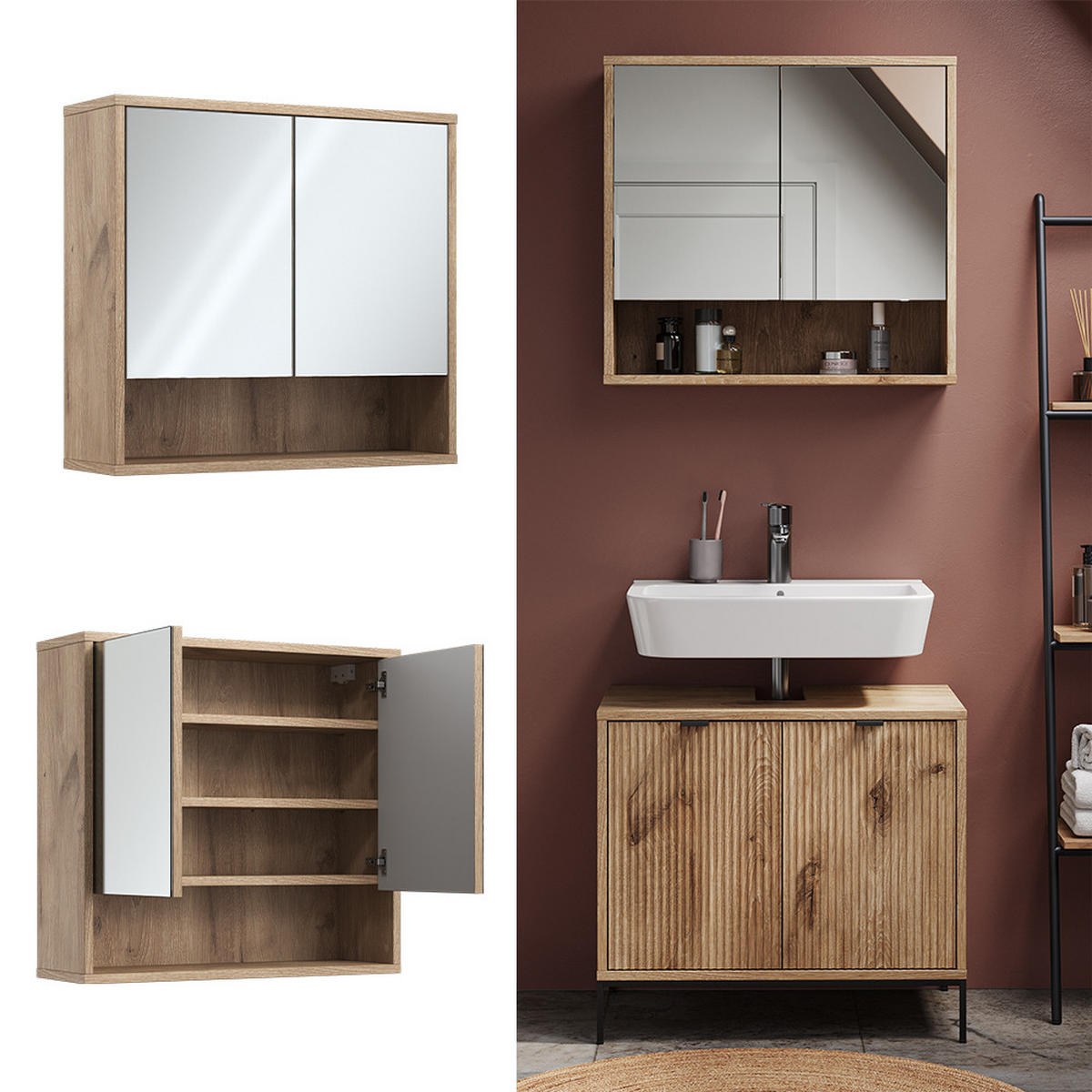 BADSPIEGELSCHRANK Eliza Viking Oak 70 x 65 cm mit 2 Türen - Eichefarben, Holzwerkstoff (70/65/22.1cm) - Vicco