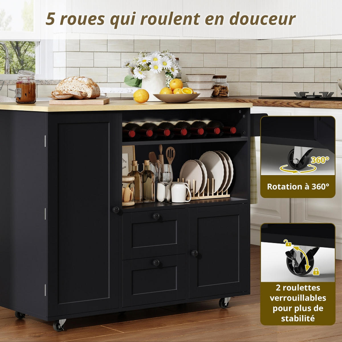 KÜCHENINSEL MOBILE Klappbar mit Weinregal, MDF, 104/69/89 cm - Naturfarben, Kunststoff (69/89/104cm) - Rolipo
