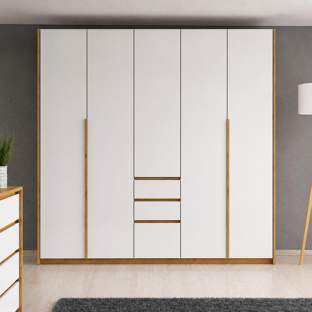 KLEIDERSCHRANK CORSA 225 cm Eiche Craft Gold / Weiß - Falttüren & 3 Schubladen - Eichefarben/Weiß, Holz/Holzwerkstoff (225/213/60cm) - Ravio