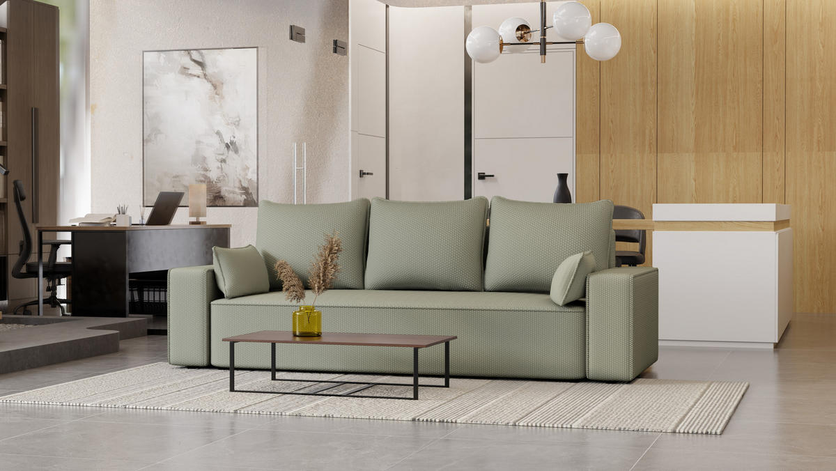 SOFA Vens mit Bettkasten und Schlaffunktion, Cordstoff - Hellgrau, Holzwerkstoff (242/85/95cm)