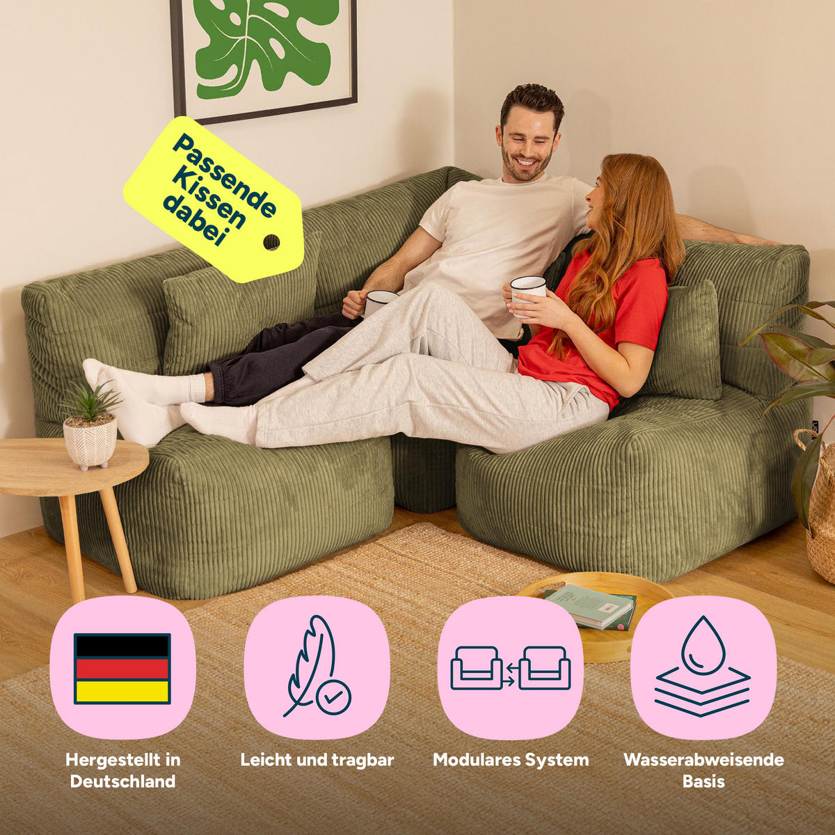 SITZSACK-SOFA 3-tlg. modular cord Noa - Salbeigrün, Textil (228/70/78cm) - icon