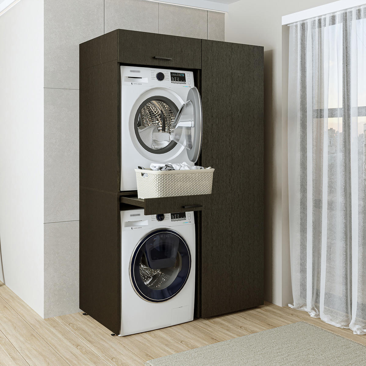 WASCHMASCHINENSCHRANK DUO-I 127cm Breit, 205cm Hoch - Schwarz, Holzwerkstoff (127/205/67cm)