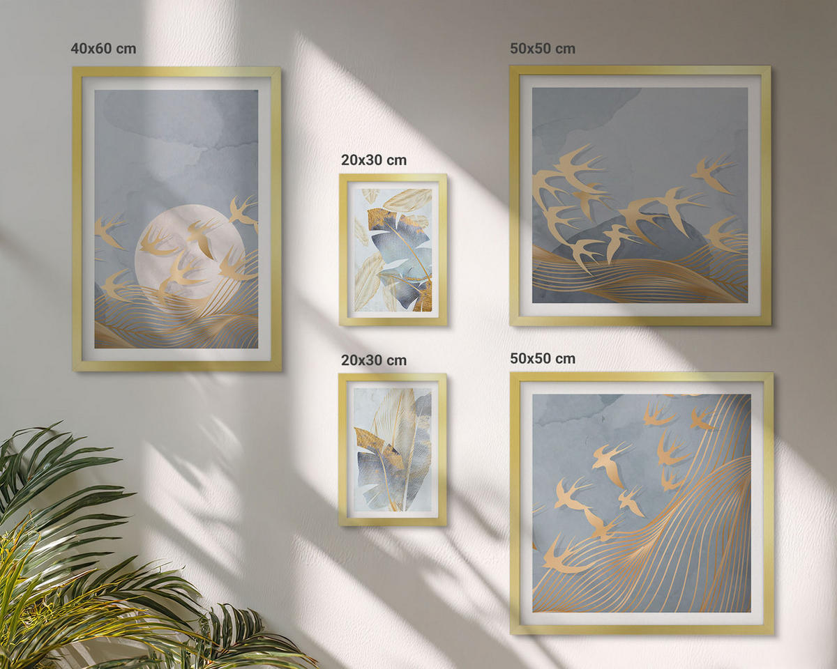 WANDBILDER 5er Set - 50x50 cm & 20x30 cm & 40x60 cm Goldrahmen - Blaubeige Blätter im Hintergrund - Goldfarben, Kunststoff (40/60cm) - ArtPrintCave