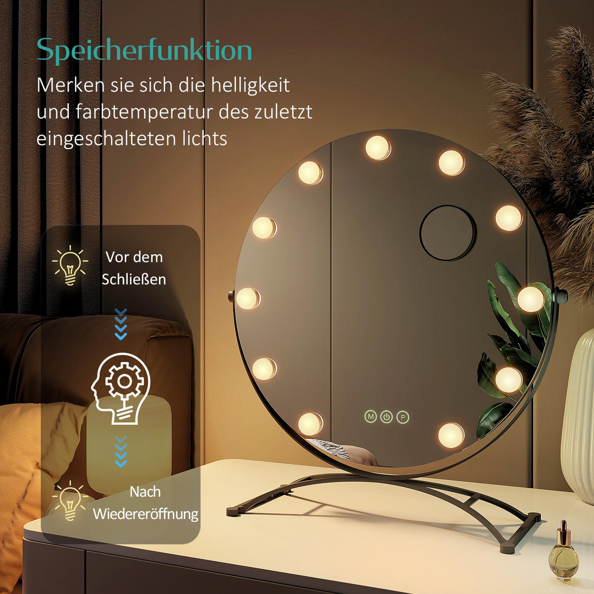 KOSMETIKSPIEGEL Rund mit Beleuchtung, Schwarz, Ø50 cm - Schwarz, Glas (50/16/50cm) - EMKE