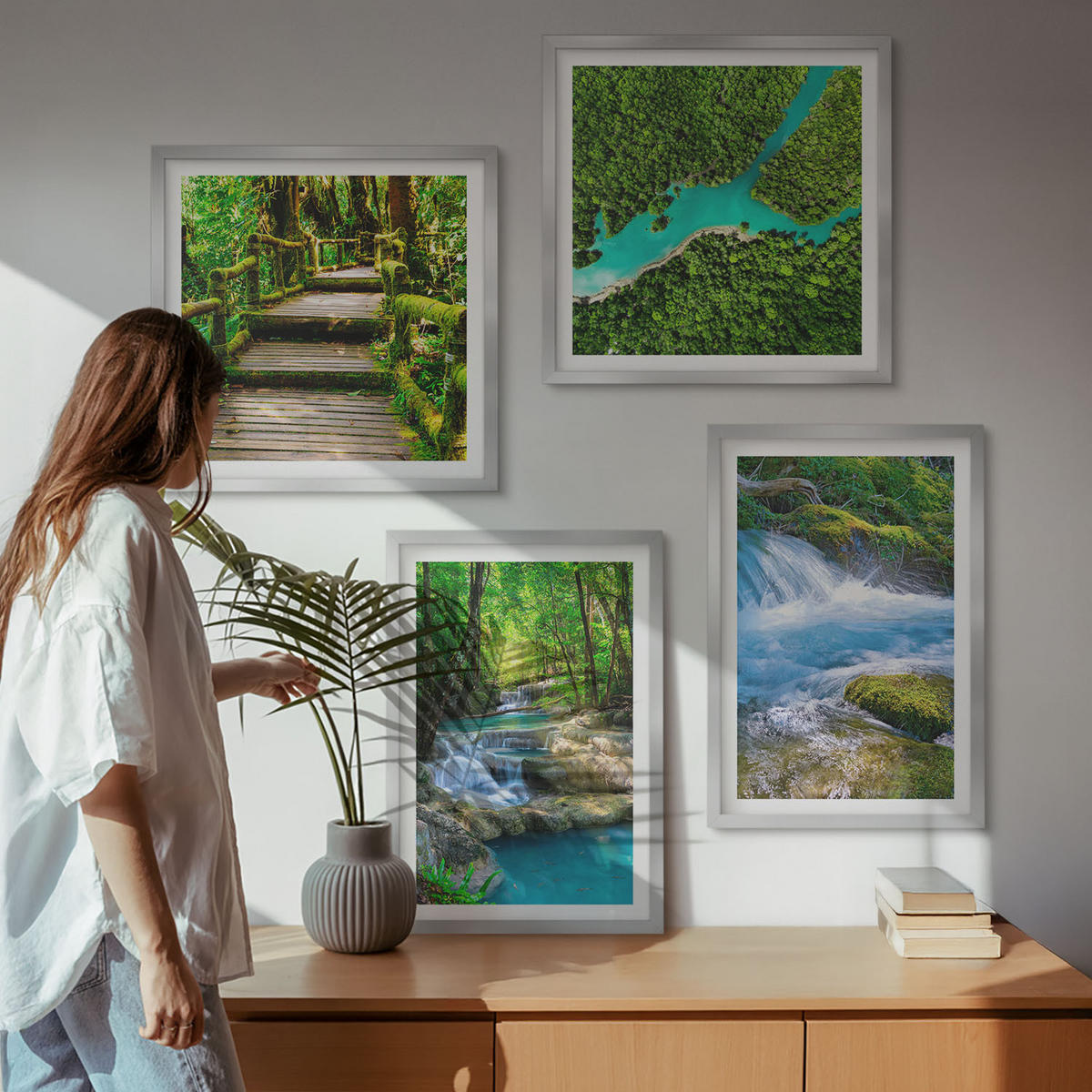 WANDBILDER 4er Set - 50x50 cm & 40x60 cm Silberner Rahmen - Grüne Wälder, kristallklares Wasser - Silberfarben, Kunststoff (50/50cm) - ArtPrintCave