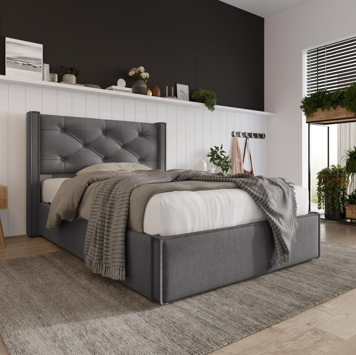 BETT mit Bettkasten 90x200 cm Baumwolle Grau inkl. Matratze - Grau, Metall (90/200cm) - Meubliv