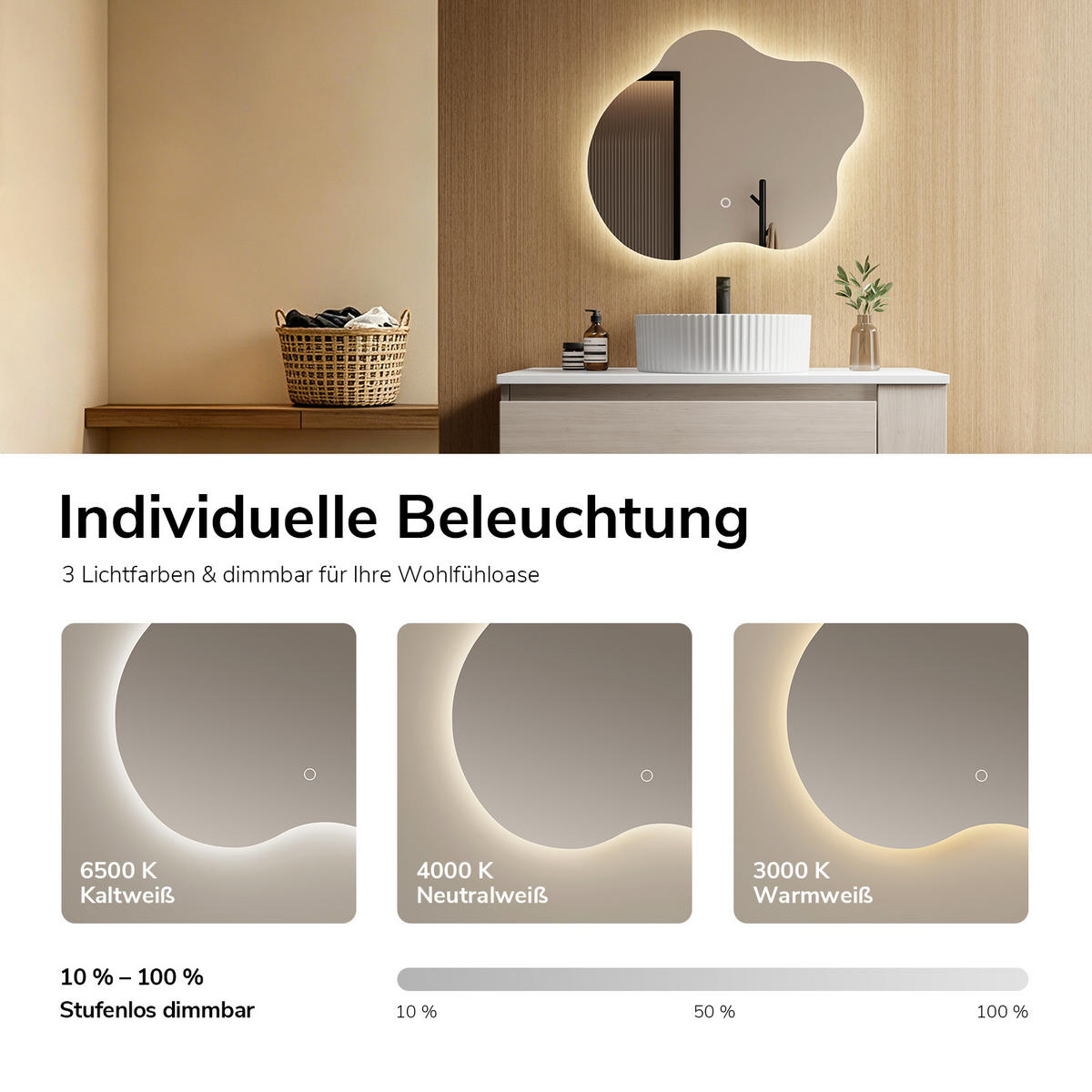 BADSPIEGEL asymmetrisch mit LED-Beleuchtung, Antibeschlag 60/50/3 cm - Transparent, Glas (60/50/2.9cm) - EMKE