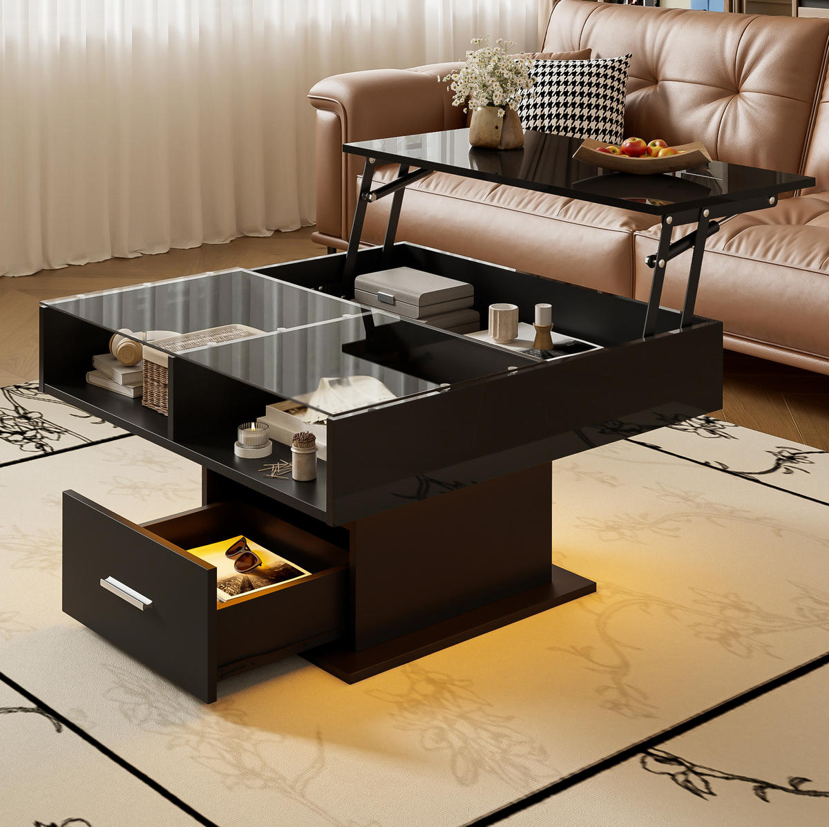 COUCHTISCH höhenverstellbar 78x78 cm Schwarz mit LED & Stauraum - Schwarz, Holzwerkstoff (78/78/45cm) - Meubliv