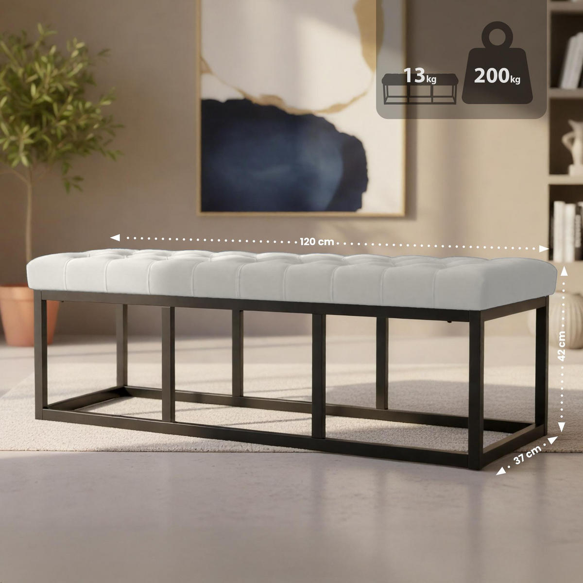 SITZBANK 120/37 cm Samt Creme - Creme/Schwarz, Textil/Metall (120/42/37cm) - CLP