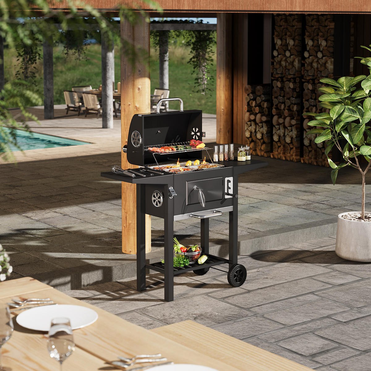 HOLZKOHLEGRILL aus Karbonstahl in Schwarz Tragbarer Outdoor BBQ 2 Seitentischen Temperaturbereich: 100-800°F 109 cm B × 46 cm T × 96,5 cm H - Schwarz, Metall (109/106.5/46cm) - Livingandhome