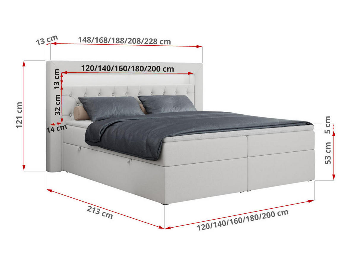 BOXBETT GOLD-6 LED 200/200 Weiß Kunstleder - H3 - Weiß, Holz/Textil (200/200cm) - MKS