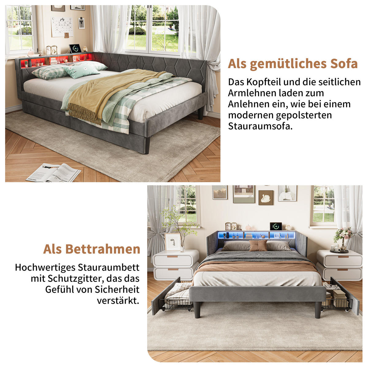 POLSTERBETT 140x200 cm, Stauraumkopf mit Ablagen, 2 Schubladen, LED und USB, Samt in Grau - Grau, Holz (140/200cm) - BRILVERDE