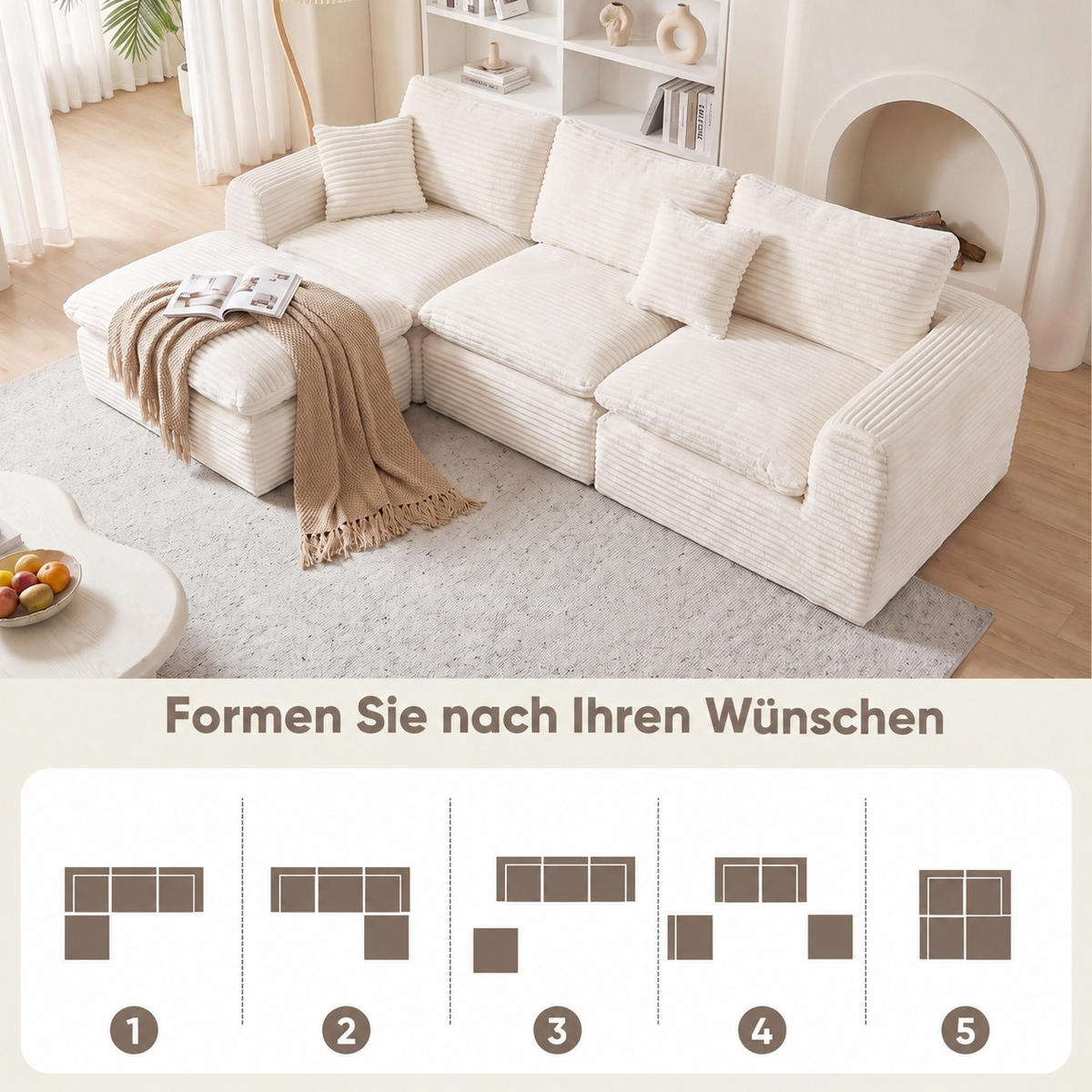 ECKSOFA 280/180/65 cm Beige Cord mit 1 Fußhocker - Beige, Textil (180/280cm) - Oxeza