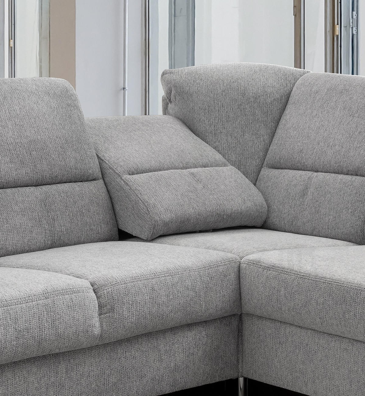 ECKSOFA mit gleichschenkligen Seitenlängen, Federkern - Chromfarben/Grau, Textil/Metall (221/221cm) - myHomelando