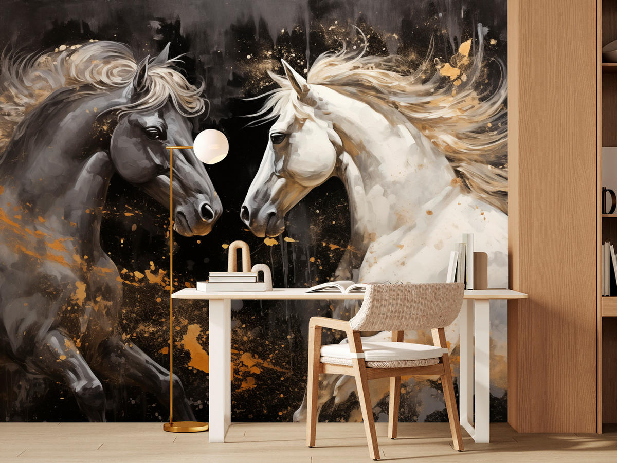 FOTOTAPETE für Büro Schwarz-Weiß Pferd Aquarell Goldakzente Eleganz 450x315 - Beige/Schwarz, Papier (450/315cm) - Muralo