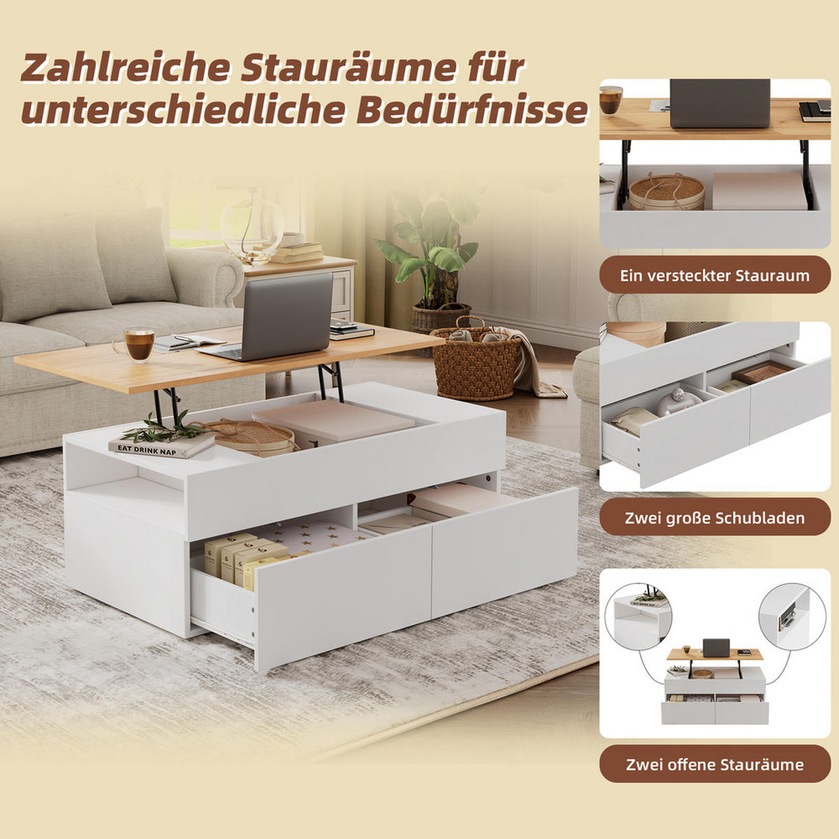 COUCHTISCH 100x50cm Weiß Holzoptik Höhenverstellbar 2 Schubladen Stauraum - Weiß, Holz (111.13/58.42/11.43cm) - FLIEKS