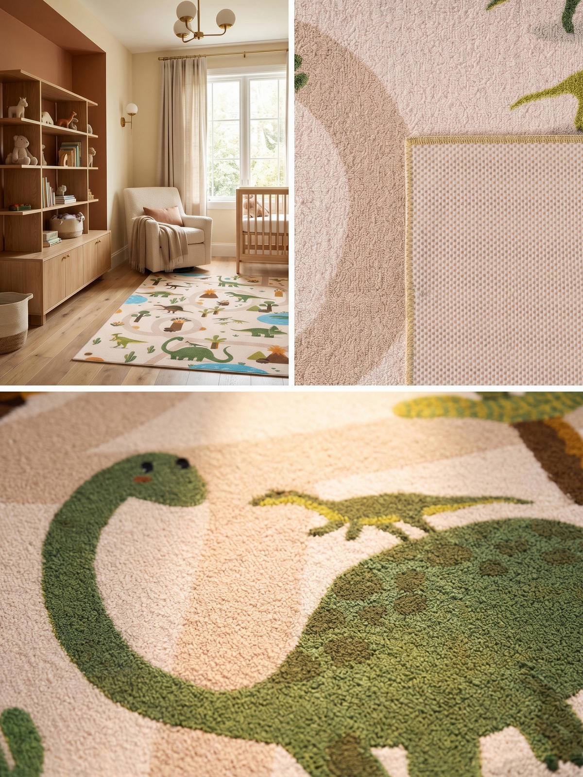 KINDERTEPPICH Kurzflor Dinosaurier-Landschaft Waschbar OEKO-TEX Spielteppich Jungen Mädchen Beige 120x170 – TINO - Beige, Textil (120/170cm) - KADIMA DESIGN