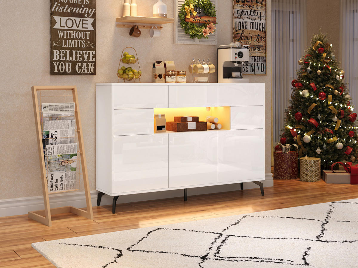 SIDEBOARD 140/30/94 cm, Hochglanz-Front, halboffener Mittelbereich mit LED-App-Steuerung, 3 Schubladen, Weiß - Weiß, Holzwerkstoff (140/94/30cm) - Redom