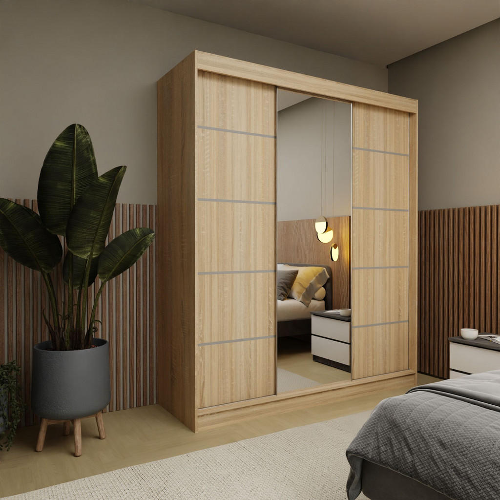 Thumbnail - Masseno Schwebetürenschrank, Sonoma Eiche, Holzwerkstoff, 7 Fächer, Rechteckig, 180x216x61 cm, Schlafzimmer, Kleiderschr...