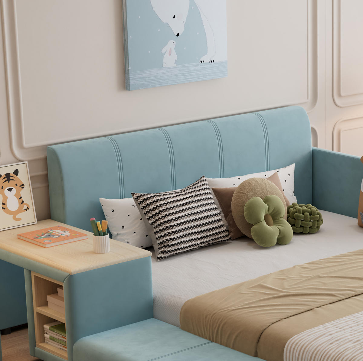 POLSTERBETT 140/200 cm aus Samt mit Schreibtisch und Hocker Blau - Blau, Textil (140/200cm) - Modenvie