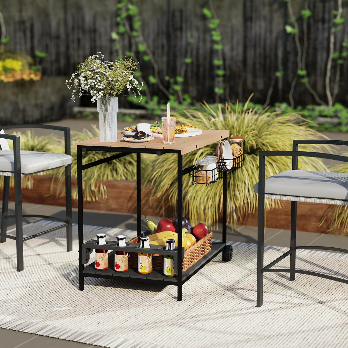 SERVIERWAGEN DE-07749 2 Etagen, 4 Flaschenhalter, Schwarz - Naturfarben, Metall (65/81/97.5cm) - ComfortXL