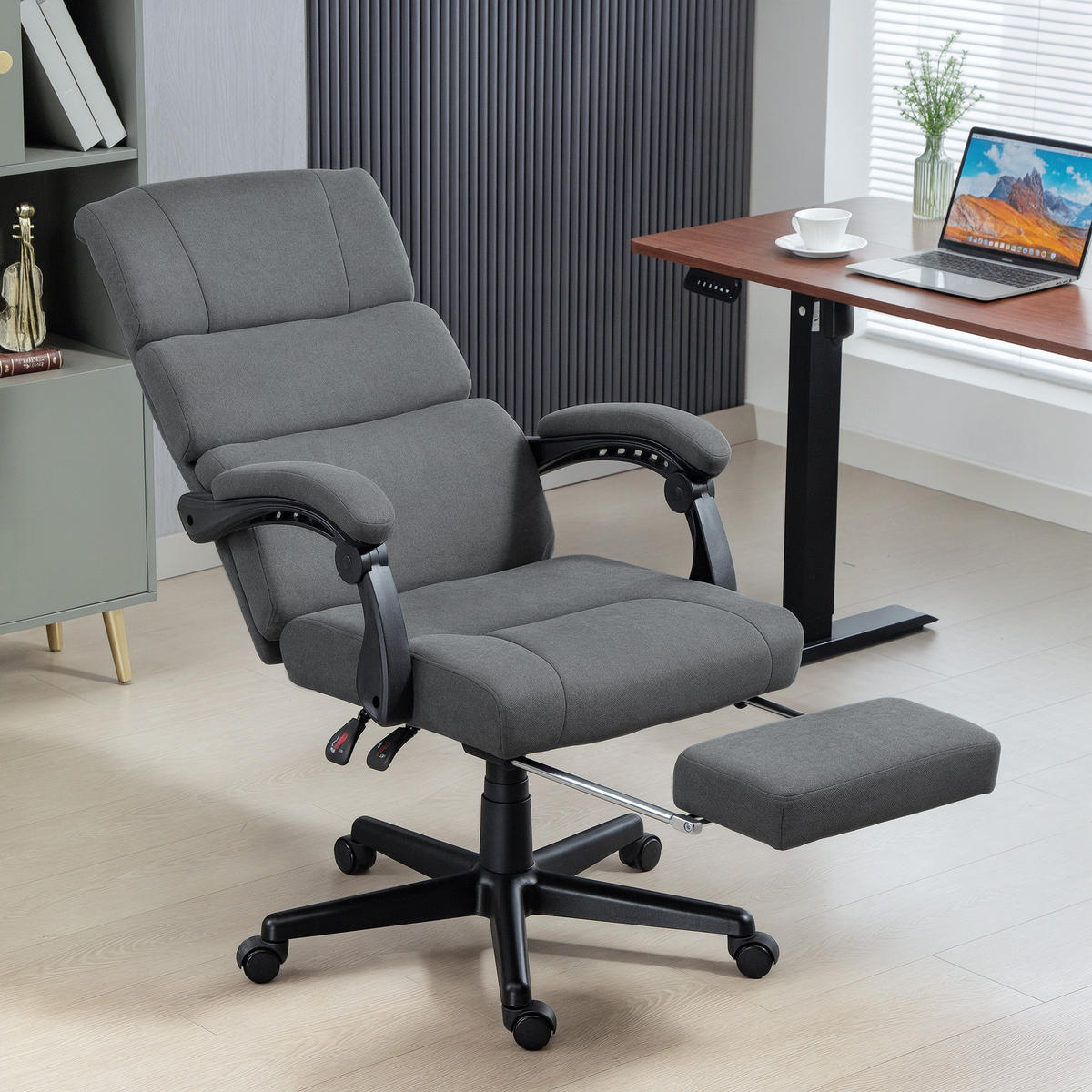 BÜROSTUHL, Ergonomischer Schreibtischstuhl mit Kopfkissen Lendenkissen Fußstütze - Dunkelgrau, Textil (56/115/68.5cm) - HOMCOM