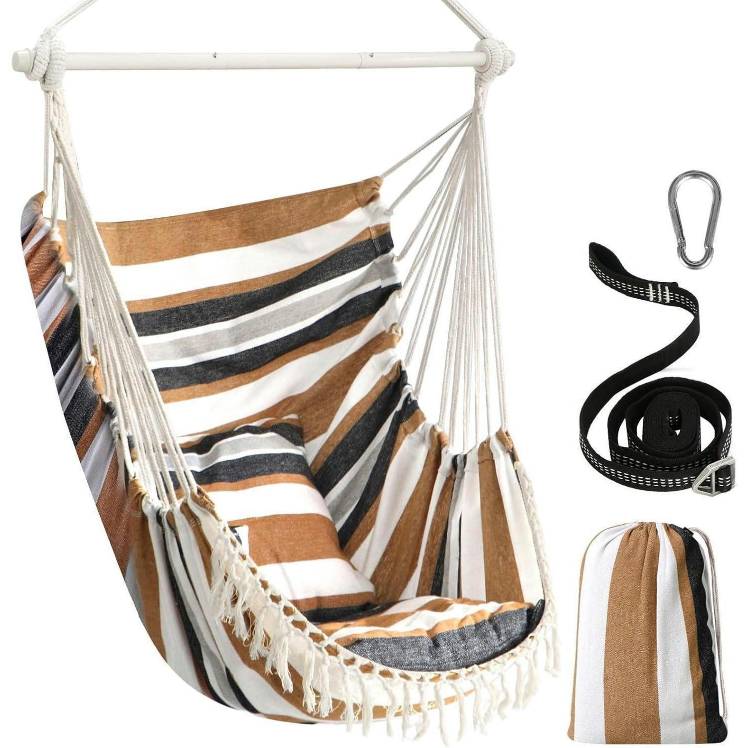 HÄNGESESSEL Braun Gestreift mit 2 Kissen und Stahl-Spreizstange - Multicolor, Textil (100/2.5/130cm)