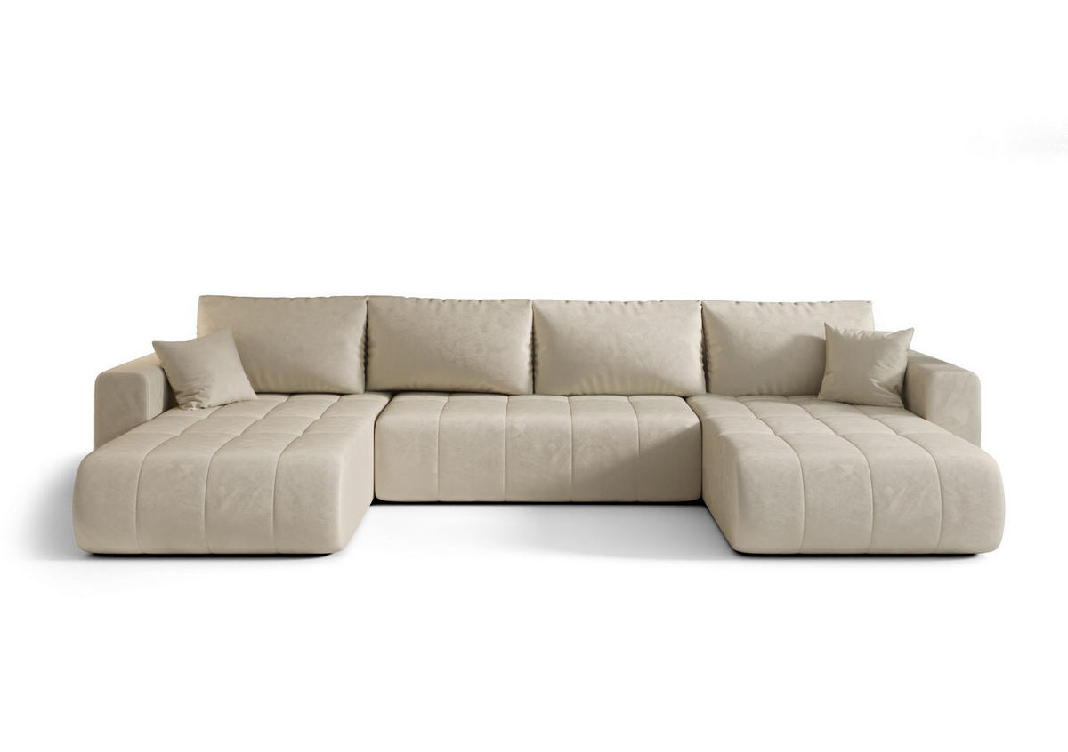 WOHNLANDSCHAFT LARA U-Form beige Velours Monolith 2 - Schlaffunktion, Bettkasten - Beige, Textil (385/85/175cm) - Cornero