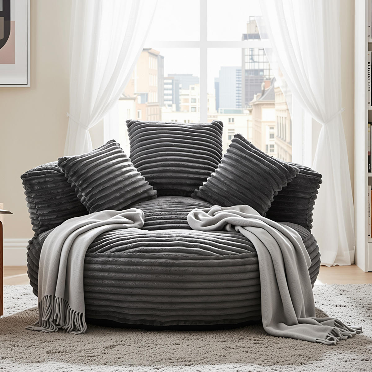 SEDACÍ VAK manšestr tmavě šedý s opěradlem a 3 polštáři - tmavě šedá, textil (108/52/108cm) - Urban Meuble