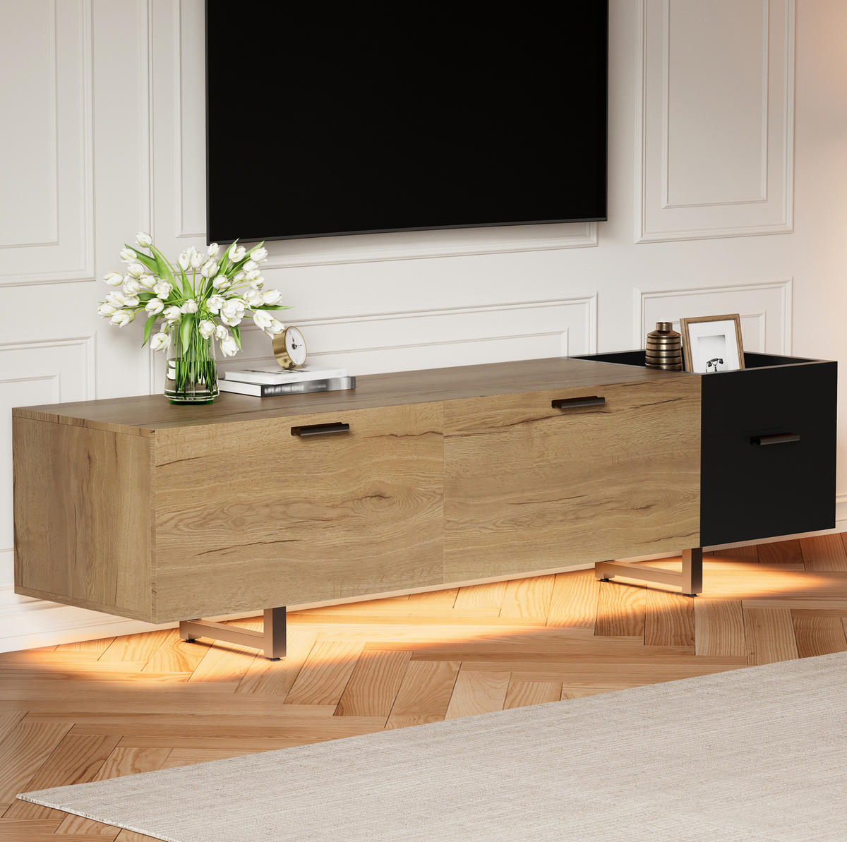TV ormarić 180/38/49 cm crni od oplemenjenog drva s LED rasvjetom i ladicama - crna, drvni materijal (180/49/38cm) - OKWISH