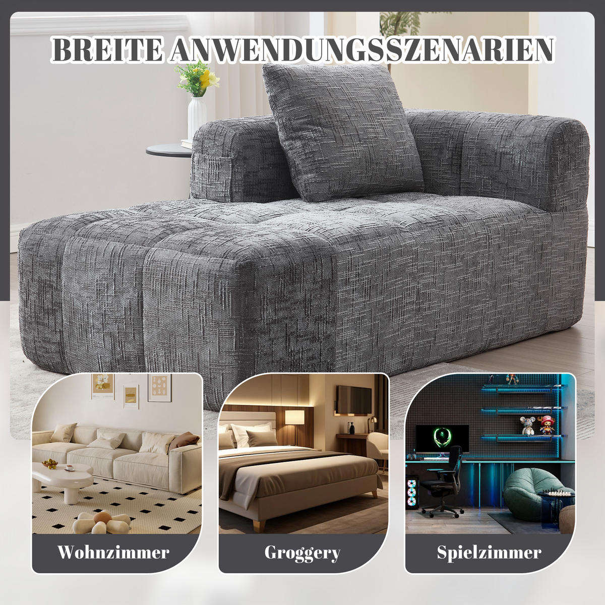 CHAISELONGUE Sofa Chenille mit Seitentaschen und Kissen 158/90/60 cm Grau - Grau, Textil (60/158/90cm) - Redom