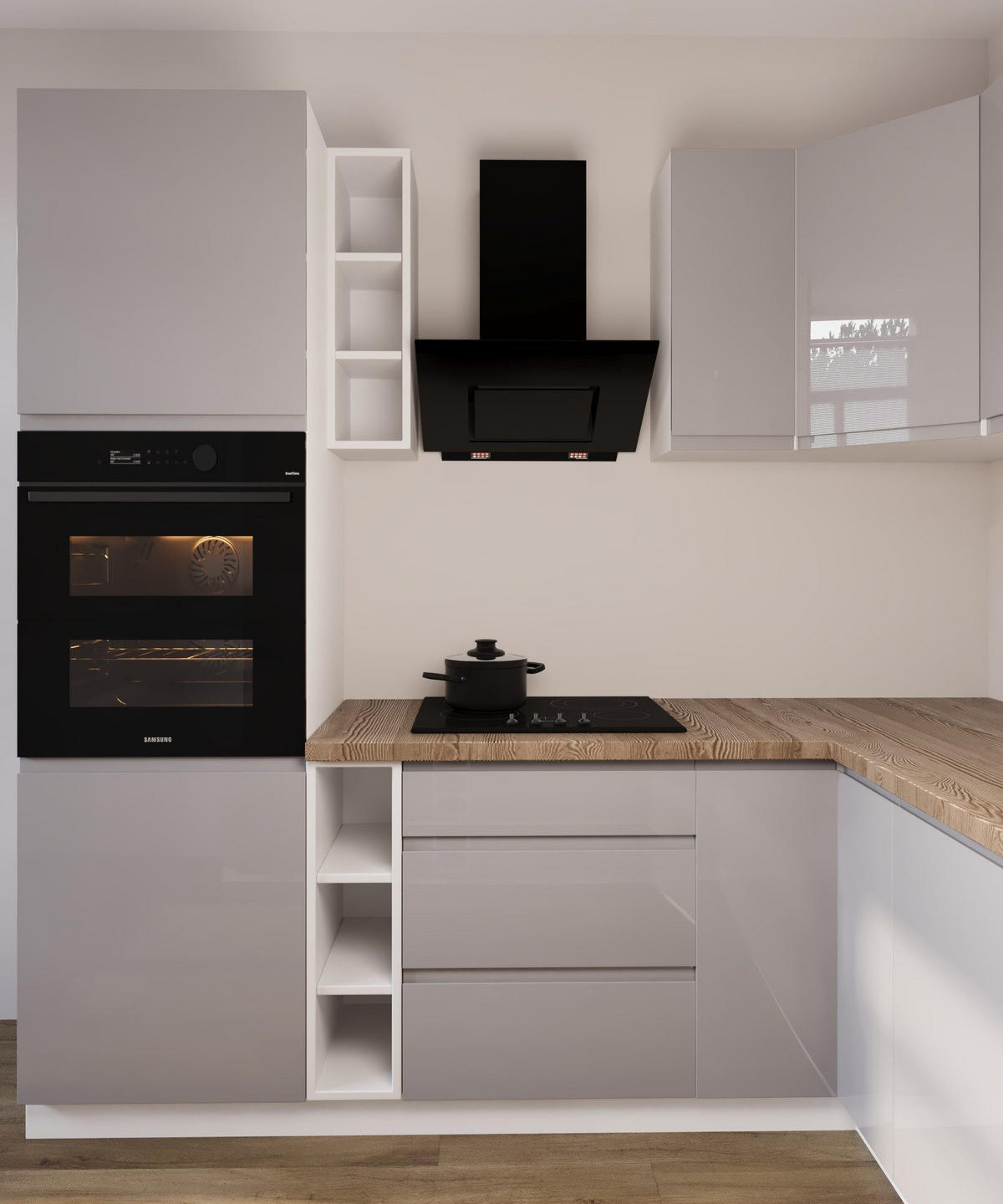 ECKKÜCHE 220 x 300 x 210 cm – Velmora K102-G780 – in Grau / Hochglanz - Grau, Holz (300/212/58cm) - ROYAL24_MARKT