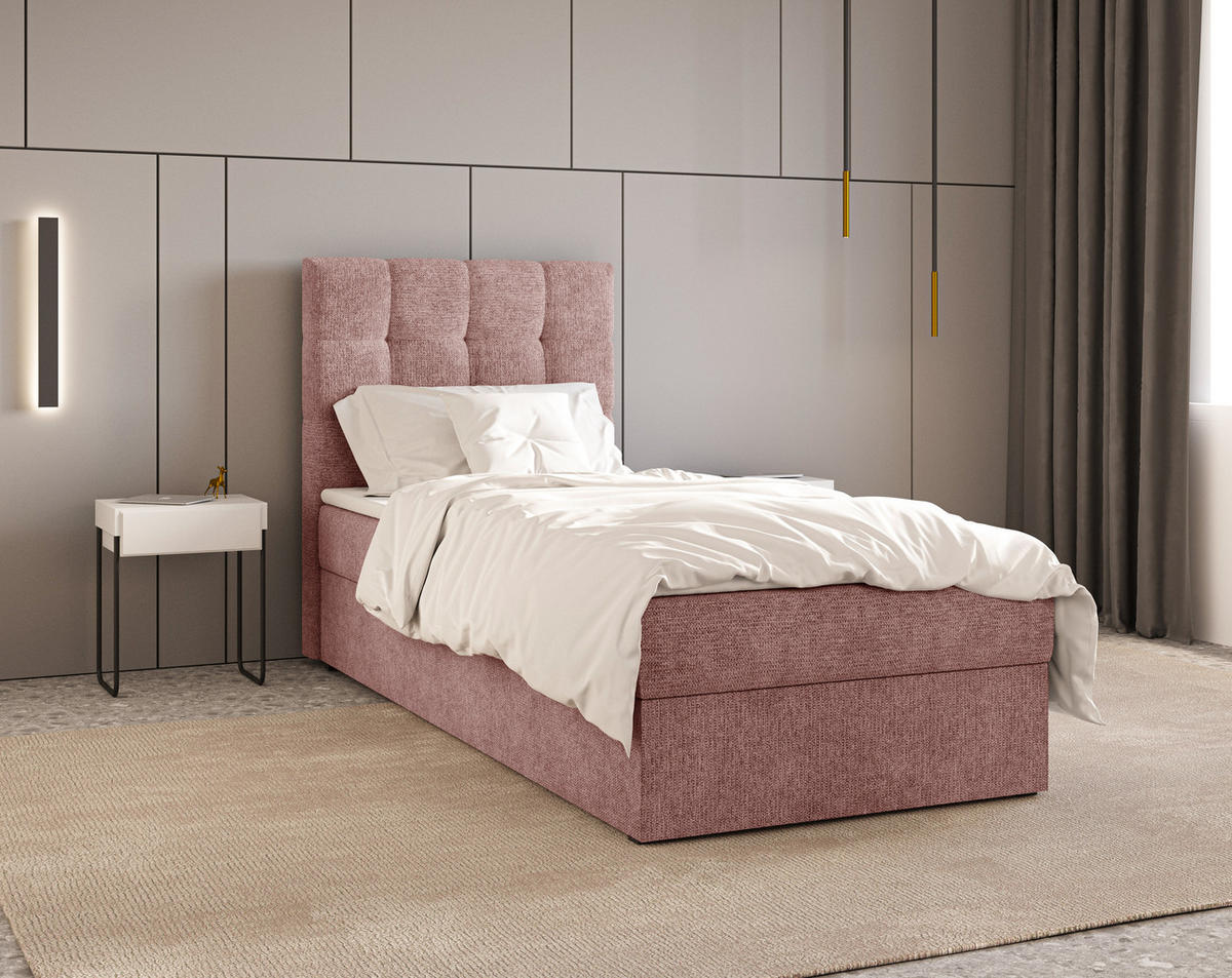 BOXBETT - Bett 05 OSLO - Aragon - 90x200 cm - mit Bettkasten und Komfort-Topper - Rosa, Holz (90/200cm) - ROYAL24_MARKT